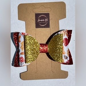 Boutique Custom Made Faux Leather Fall Design with Gold & Red Glitter Hair Bow